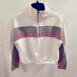 Cropped White Sweater with Cream Green and Mauve Strips. Size XS.